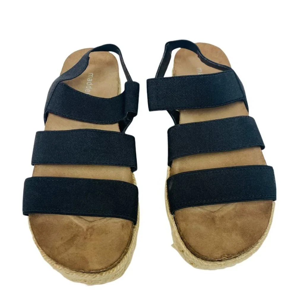 Madden Girl Black Elastic Strap Espadrille Wedge Sandals Sz 7